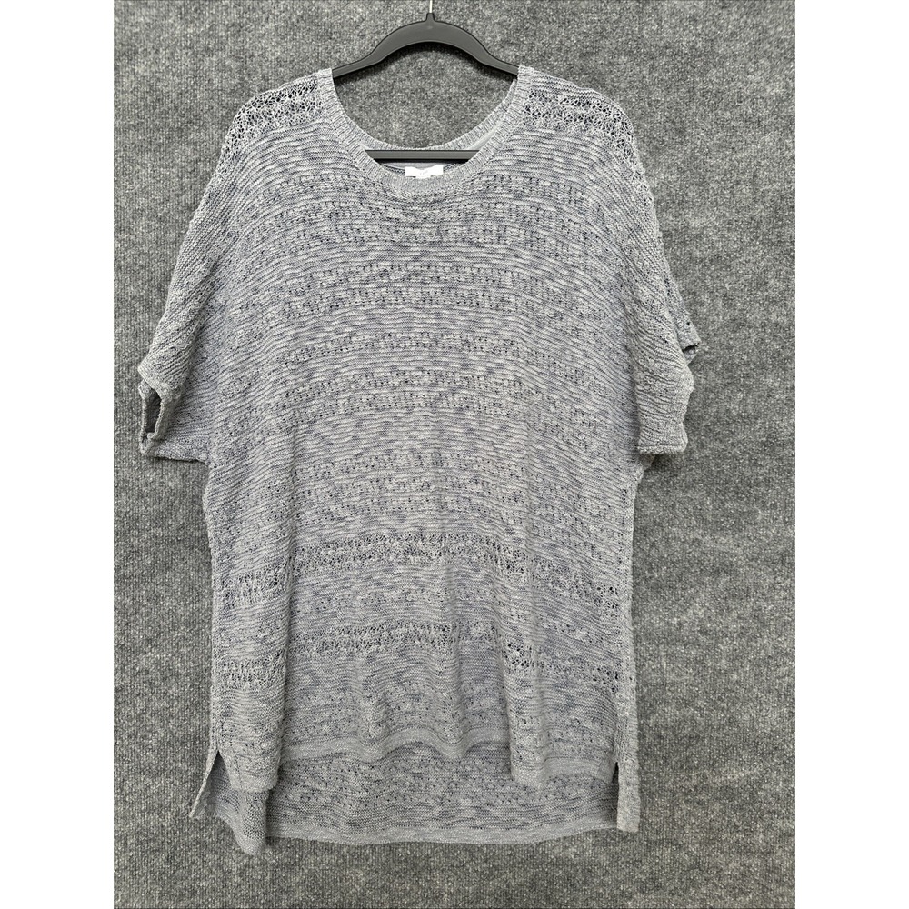 J. Jill Women's Open Knit Short Sleeve High Low Cotton Blue Gray Sweater Sz XL